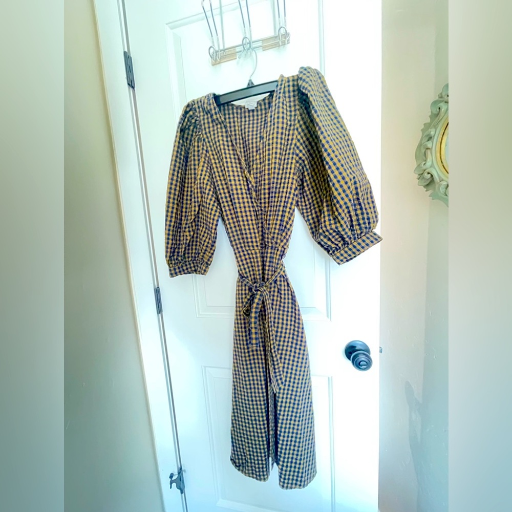 Blue and green gingham belted dress.